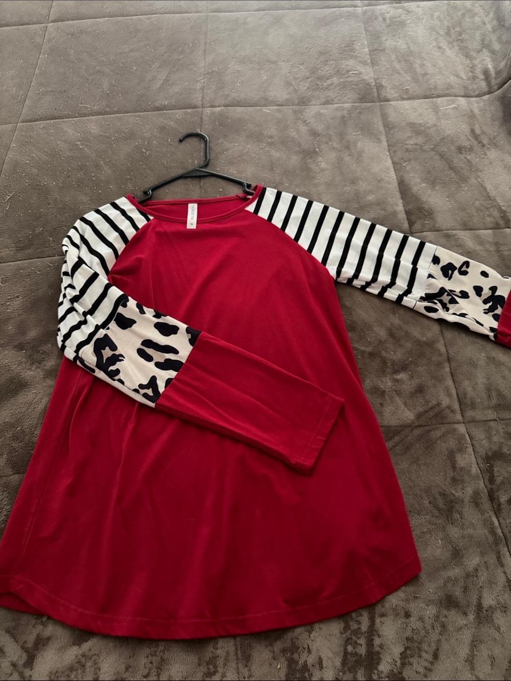 Tickled Teal Red Raglan Top with Striped and Leopard-Print Sleeves